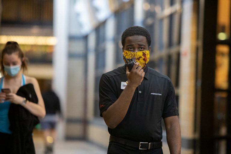 Manny Adetayo surveys MizzouRec during his shift as he reinforces Covid-19 safety protocols 