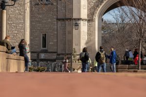 Students gather outside Memorial Union on the Mizzou campus